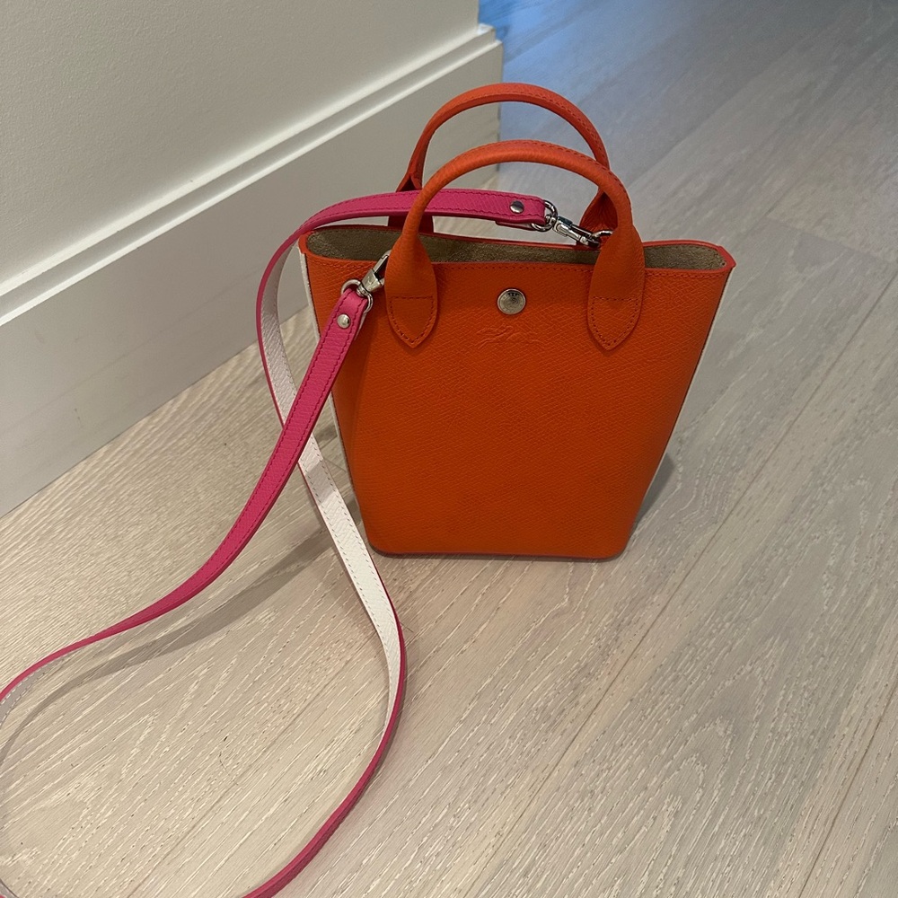 Longchamp - Orange Leather Tote with Pink & White Strap